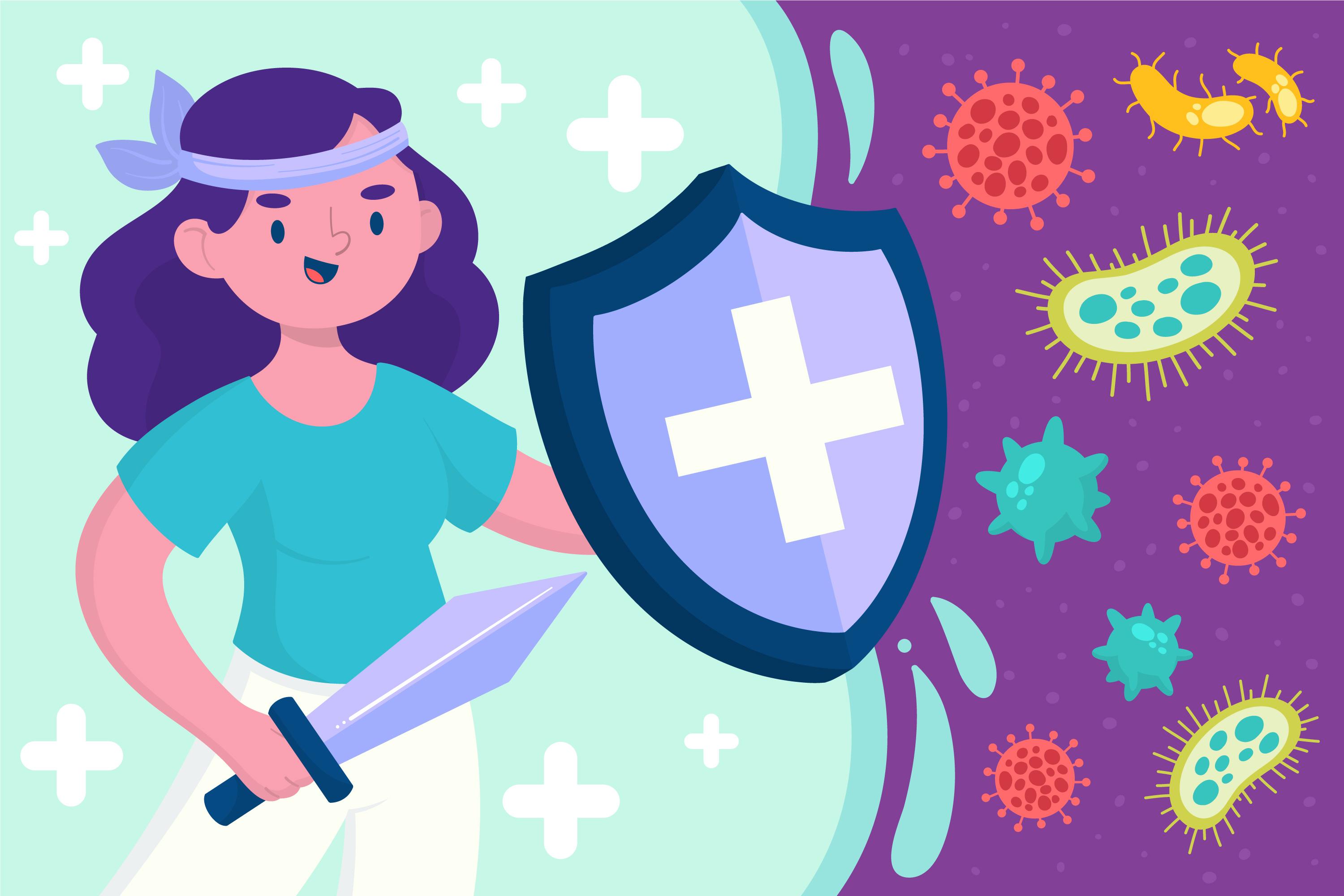 an immune girl holding sword and shield to protect against germs