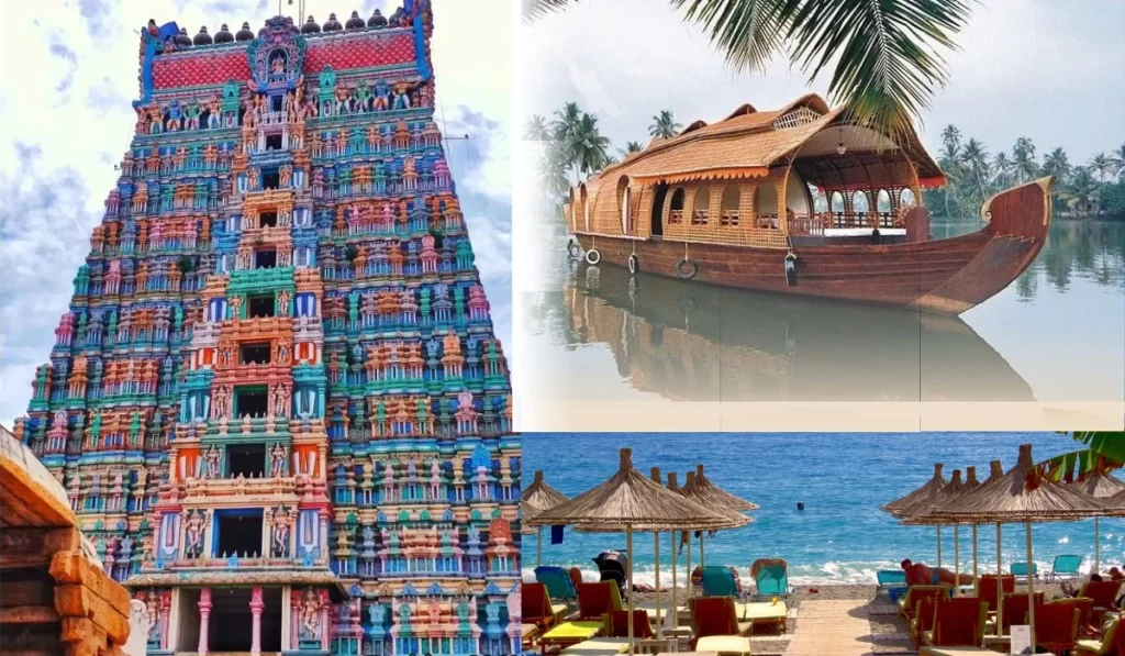 Temple structure called gopuram, Kerala backwaters, and Goa beach in India.
