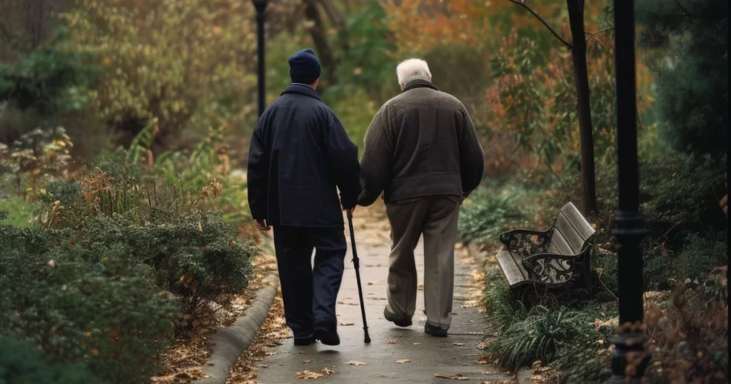 Seniors walking on a walking trail in a park.