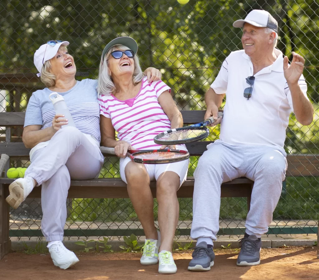 Seniors engaged in social activities like outdoor sports.